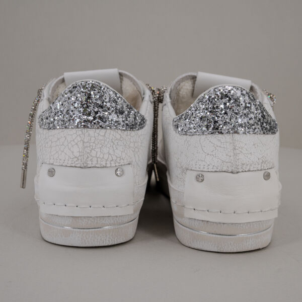 Crime London sk8 shining sneaker donna in pelle bianca con dettagli pelle craklé e lacci in strass argento, scarpa sportiva elegante bianca