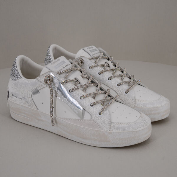 Crime London sk8 shining sneaker donna in pelle bianca con dettagli pelle craklé e lacci in strass argento, scarpa sportiva elegante bianca
