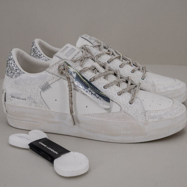 Crime London sk8 shining sneaker donna in pelle bianca con dettagli pelle craklé e lacci in strass argento, scarpa sportiva elegante