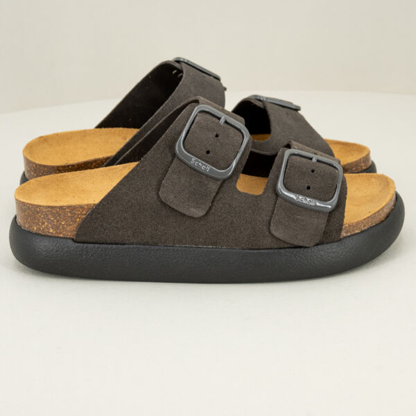 Scholl sandalo Noelle chunky grigio, suola in sughero naturale e gomma, fasce regolabili.