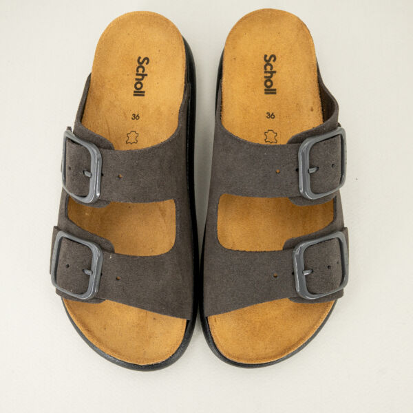 Scholl sandalo Noelle chunky grigio, suola in sughero naturale e gomma, fasce regolabili.