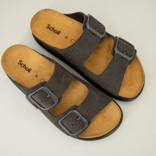 Scholl sandalo Noelle chunky grigio, suola in sughero naturale e gomma, fasce regolabili.