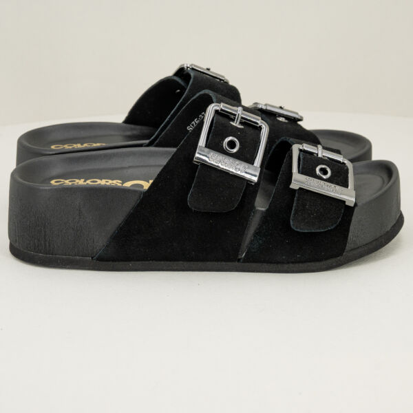 Colors of California sabot nero con zeppa, sandalo donna in pelle scamosciata con doppia fascia e zeppa comoda