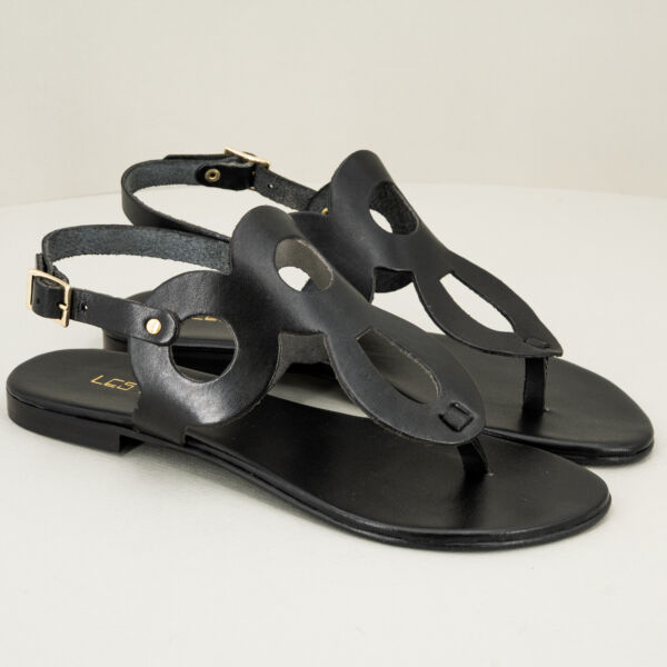 Les Tulipes sandalo infradito nero, in vero cuoio con cinturino, ultra flat, made in italy