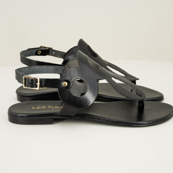 Les Tulipes sandalo infradito nero, in vero cuoio con cinturino, ultra flat, made in italy