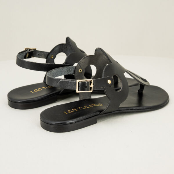 Les Tulipes sandalo infradito nero, in vero cuoio con cinturino, ultra flat, made in italy