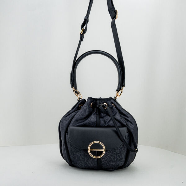 Borbonese borsa secchiello nero small, con manico in pelle e tracolla in tessuto. Da portare a mano o tracolla è una piccola borsetta donna elegante. Stefano Ascari spilamberto (mo)