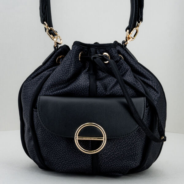 Borbonese borsa secchiello nero small, con manico in pelle e tracolla in tessuto. Da portare a mano o tracolla è una piccola borsetta donna elegante. Stefano Ascari spilamberto (mo)