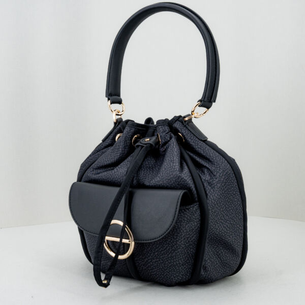 Borbonese borsa secchiello nero small, con manico in pelle e tracolla in tessuto. Da portare a mano o tracolla è una piccola borsetta donna elegante. Stefano Ascari spilamberto (mo)