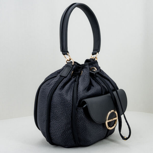 Borbonese borsa secchiello nero small, con manico in pelle e tracolla in tessuto. Da portare a mano o tracolla è una piccola borsetta donna elegante. Stefano Ascari spilamberto (mo)