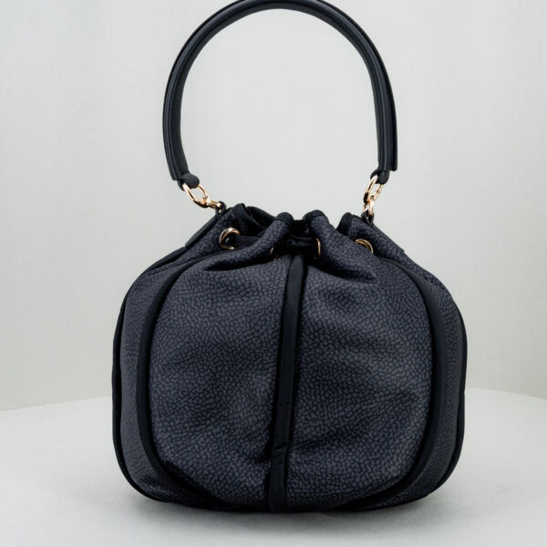 Borbonese borsa secchiello nero small, con manico in pelle e tracolla in tessuto. Da portare a mano o tracolla è una piccola borsetta donna elegante. Stefano Ascari spilamberto (mo)