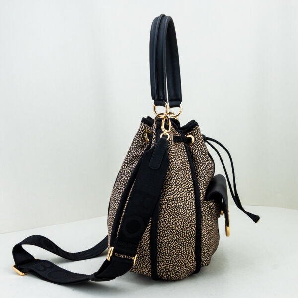 Borbonese borsa secchiello op small, con manico in pelle e tracolla in tessuto. Da portare a mano o tracolla è una piccola borsetta donna elegante. Stefano Ascari spilamberto (mo)