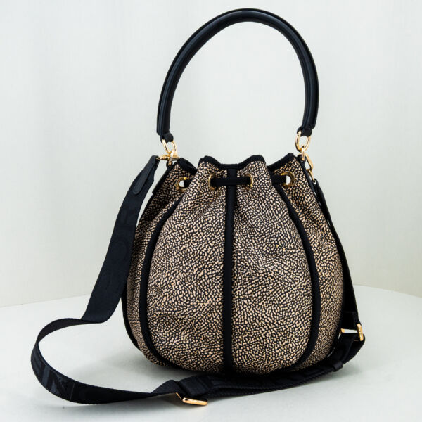 Borbonese borsa secchiello op small, con manico in pelle e tracolla in tessuto. Da portare a mano o tracolla è una piccola borsetta donna elegante. Stefano Ascari spilamberto (mo)