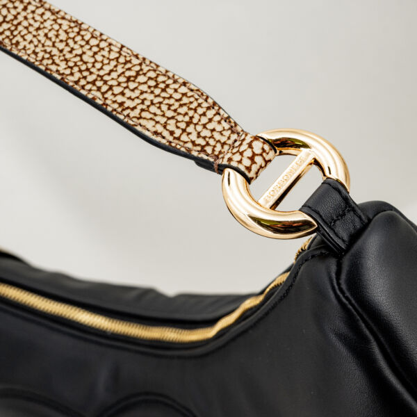 Borbonese borsa hobo nera medium, borsa donna elegante forma luna bag con spallaccio in tapiro op classic e motivi ricamati Borbonese. Stefano Ascari spilamberto (mo)