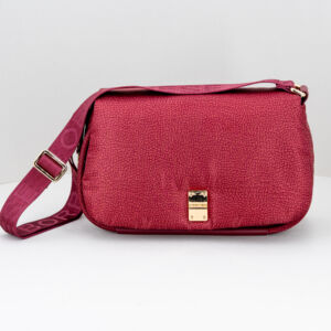 Borbonese borsa cross over rosso merlot, chiusura con patta e bottone magnetico, tracolla in tessuto logato. Stefano Ascari Spilamberto (Mo)