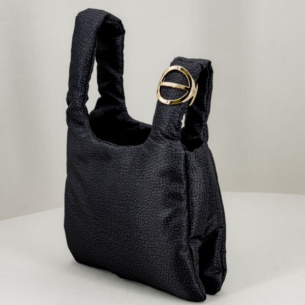 Borbonese mini bag nera, piccola borsetta donna da portare a mano con i manici intrecciati. In nylon colore nero. Stefano Ascari Spilamberto (Mo)