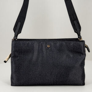 Borbonese borsa cross over nera, in nylon ecosostenibile e pregiata pelle. Piatta, 3 scomparti chiusi e tracolla. Stefano Ascari Spilamberto (mo)