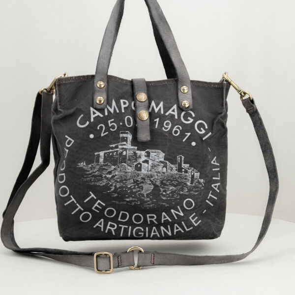 Campomaggi borsa in tela canva grigio, in tela vela resistente e pratica con finiture in pregiata pelle. Borsa unisex da Stefano Ascari Spilamberto (Mo)