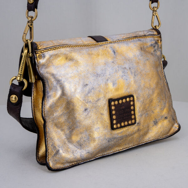 Campomaggi borsa tracolla laminata oro borsa artigianale italiana, con tracolla e spallaccio. Stefano Ascari Spilamberto (Mo)
