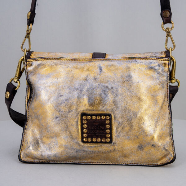 Campomaggi borsa tracolla laminata oro borsa artigianale italiana, con tracolla e spallaccio. Stefano Ascari Spilamberto (Mo)
