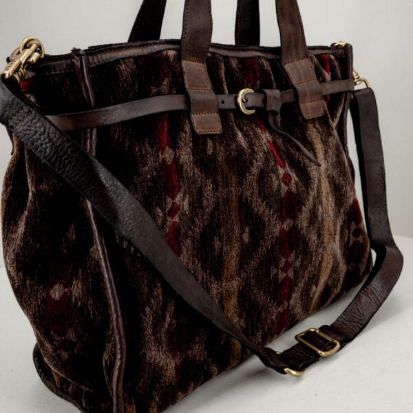 Campomaggi shopper tessuto damascato, tracolla e manici in pelle, look origianale per una borsa donna made in Italy. Da Stefano Ascari Spilamberto (Mo)