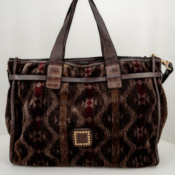 Campomaggi shopper tessuto damascato, tracolla e manici in pelle, look origianale per una borsa donna made in Italy. Da Stefano Ascari Spilamberto (Mo)