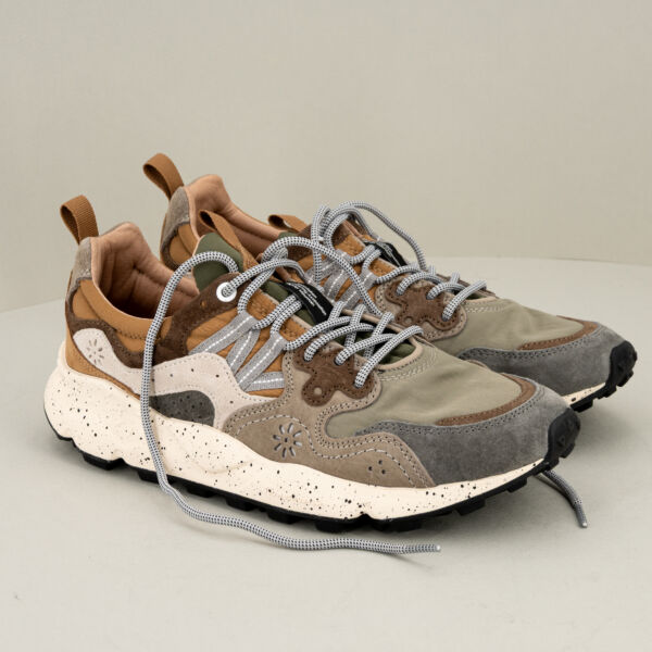 Flower Mountain sneaker Yamano man grigio e marrone, occhielli rinforzati, stile scarpa da trekking e suola in gomma ultra leggera. Stefano Ascari spilamberto (mo)