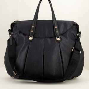 Borbonese borsa shopping large nera, manici in pelle con tracolla in tessuto regolabile e removibile. Leggera e capiente. Fotografata di fronte. Stefano Ascari Spilamberto (Mo)