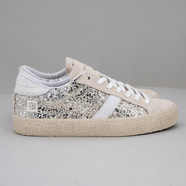 D.A.T.E. Hill Low Glitter Platinum, scarpa sportiva donna in vera pelle color platino e glitter. Stefano Ascari spilamberto (mo)