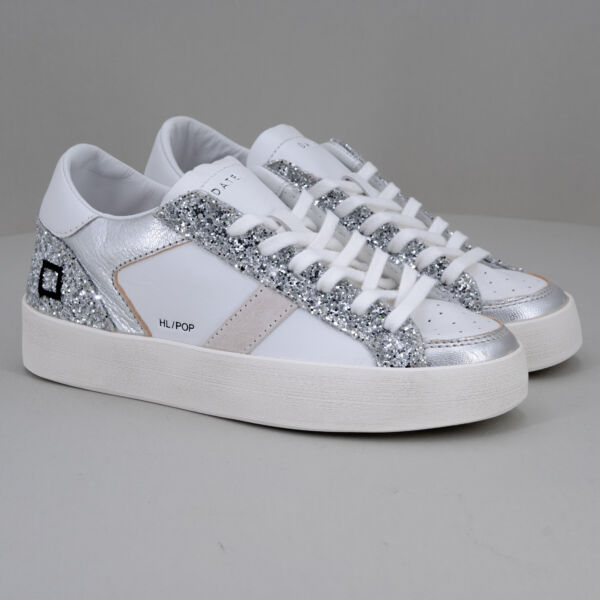 D.A.T.E. sneaker Pop white silver, scarpa donna sportiva dal look elegante. In vera pelle color bianco e glitter argento. Stefano Ascari spilamberto (mo)