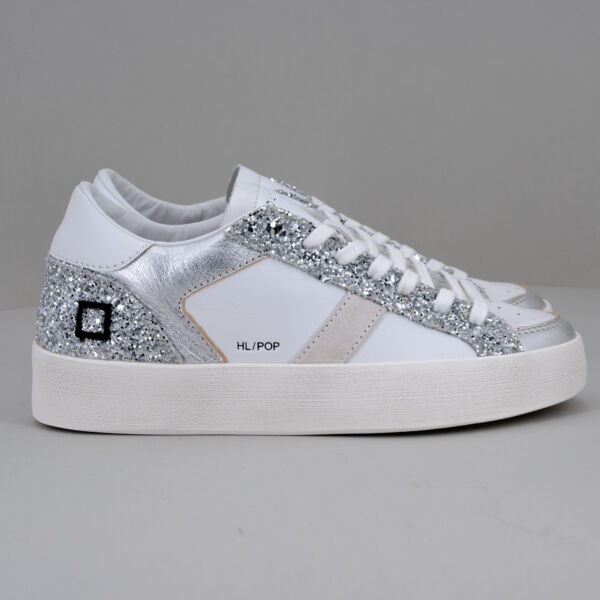D.A.T.E. sneaker Pop white silver, scarpa donna sportiva dal look elegante. In vera pelle color bianco e glitter argento. Stefano Ascari spilamberto (mo)