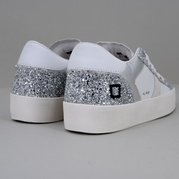D.A.T.E. sneaker Pop white silver, scarpa donna sportiva dal look elegante. In vera pelle color bianco e glitter argento. Stefano Ascari spilamberto (mo)