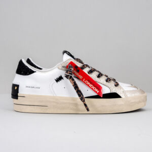 Crime London sk8 Deluxe Artic, in pregiata pelle color bianco con dettagli glitter e lacci leopard. Look vintage e soletta rialzata. Stefano Ascari spilamberto (mo)