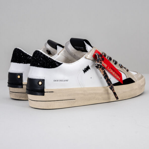 Crime London sk8 Deluxe Artic, in pregiata pelle color bianco con dettagli glitter e lacci leopard. Look vintage e soletta rialzata. Stefano Ascari spilamberto (mo)