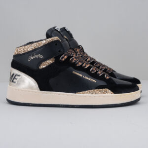 Crime London Chelsea Hi gold, snaker donna alta stile basket in pelle nera con dettagli glitterati ora, pelle laminta oro e lacci leopard. Soletta interna rialzata. Stefano Ascari spilamberto (mo)