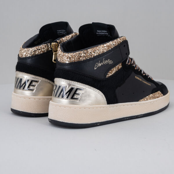 Crime London Chelsea Hi gold, snaker donna alta stile basket in pelle nera con dettagli glitterati ora, pelle laminta oro e lacci leopard. Soletta interna rialzata. Stefano Ascari spilamberto (mo)
