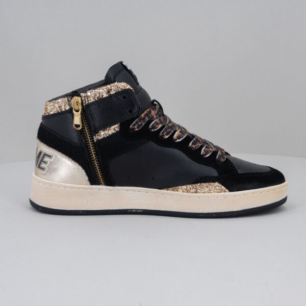 Crime London Chelsea Hi gold, snaker donna alta stile basket in pelle nera con dettagli glitterati ora, pelle laminta oro e lacci leopard. Soletta interna rialzata. Stefano Ascari spilamberto (mo)