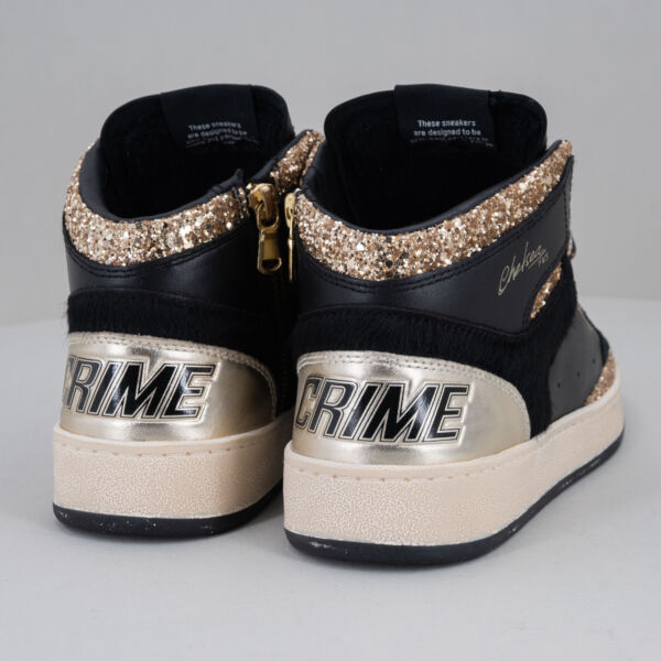 Crime London Chelsea Hi gold, snaker donna alta stile basket in pelle nera con dettagli glitterati ora, pelle laminta oro e lacci leopard. Soletta interna rialzata. Stefano Ascari spilamberto (mo)