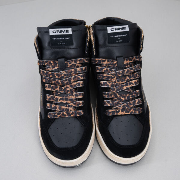Crime London Chelsea Hi gold, snaker donna alta stile basket in pelle nera con dettagli glitterati ora, pelle laminta oro e lacci leopard. Soletta interna rialzata. Stefano Ascari spilamberto (mo)