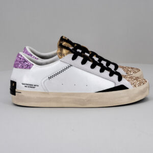 Crime London Distressed Goldrush, sneaker donna in pelle bianca dettagli glitterati rosa e neri, lacci neri. Stefano Ascari spilamberto (mo)