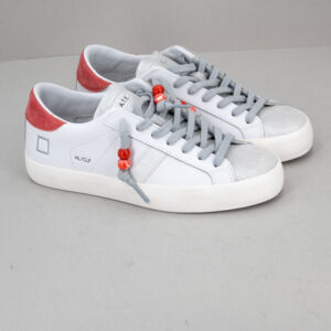 sneaker donna in pelle bianca con suede corallo e glitter