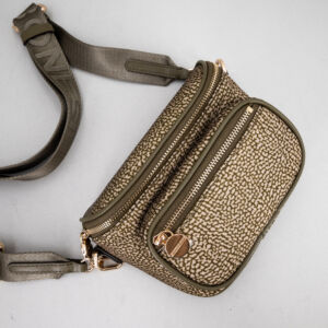 borsa a marsupio da donna in nylon e pelle, fascia in tessuto. Colore verde oliva.