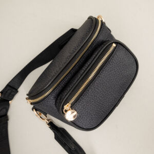 borsa a marsupio da donna in nylon e pelle, fascia in tessuto. Colore nero