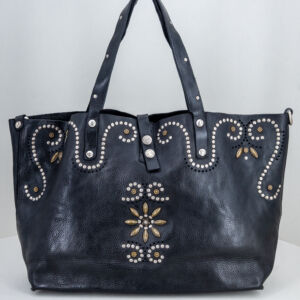 borsa donna in vera pelle colore nero, grande con manici e borchie applicate, disegni a fiore