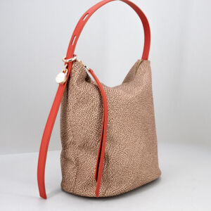borsa da donna forma a secchiello con tracolla colore beige e rosso