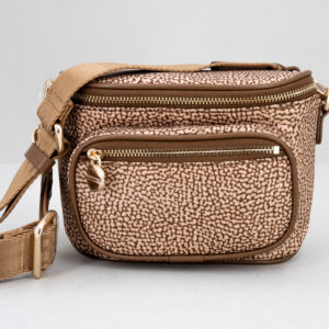 borsa a marsupio da donna in nylon e pelle, fascia in tessuto. Colore marrone