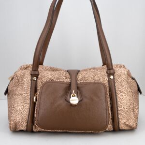 borsa donna a forma di bauletto, misura media, colore beige marrone