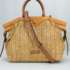 Borsa donna con doppio manico e tracolla in paglia intrecciata e pelle.