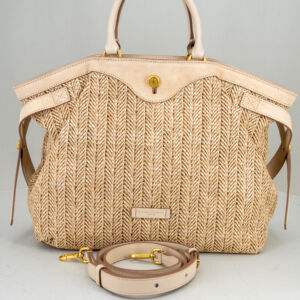 Borsa donna con doppio manico e tracolla in paglia intrecciata e pelle.
