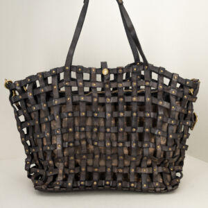 borsa donna in vera pelle intrecciata a mano colore grigio scuro